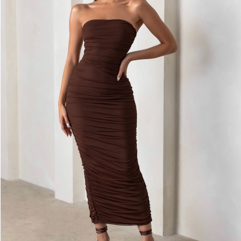 CLUB L LONDON MY LADY  CHOCOLATE BROWN STRAPLESS BODYCON RUCHED NWT